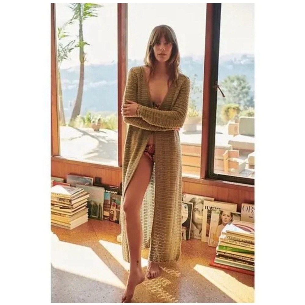 Free People Long Open-Knit Cardigan in Olive